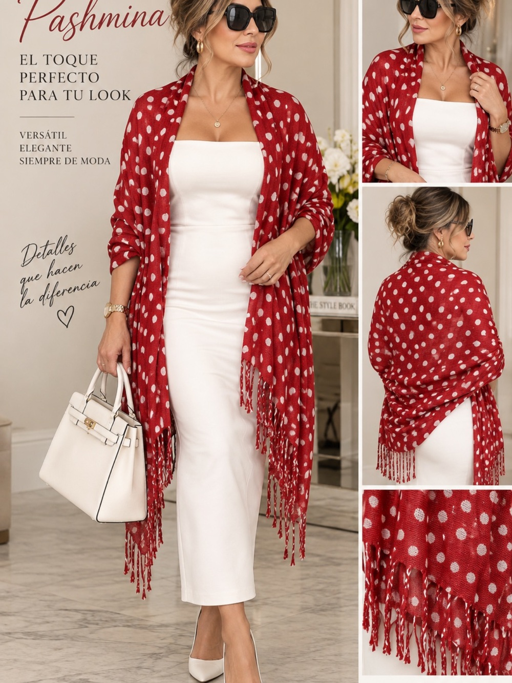 Red Polka Dot Pashmina Scarf - Elegant Women's Wrap